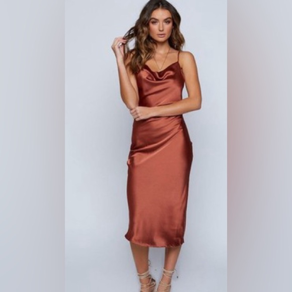 Petal & Pup Persia Satin Midi Dress in Rust